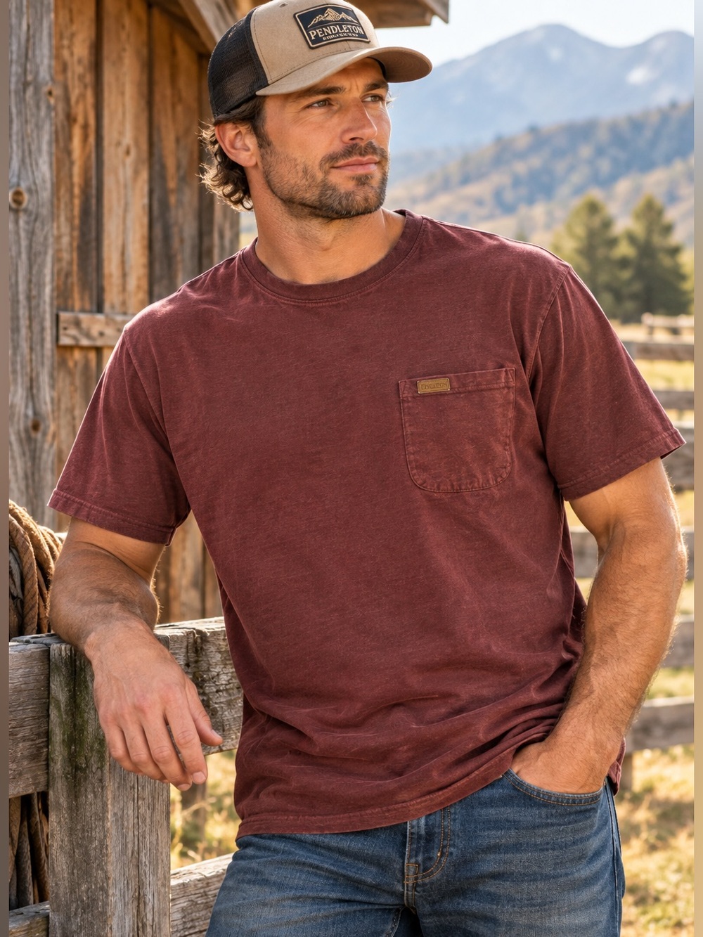 Pendleton Men’s Large Burgundy Pocket T Shirt 100% Cotton Logo Casual Tee
